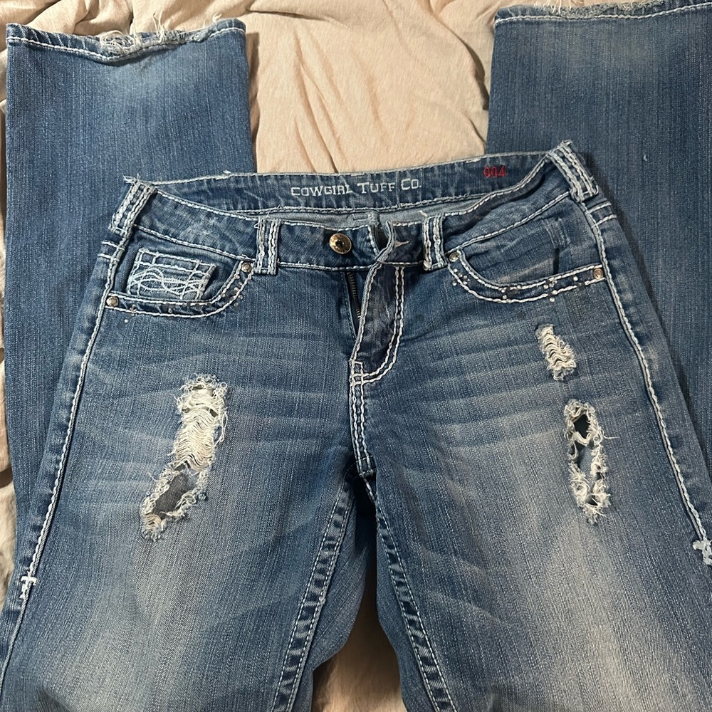 Cowgirl Tuff Blue Boot Cut Jeans with Distressed Details